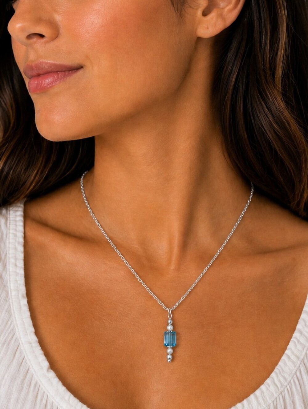 3/$30 DAINTY Beaded Aqua Pendant Figaro Chain Necklace